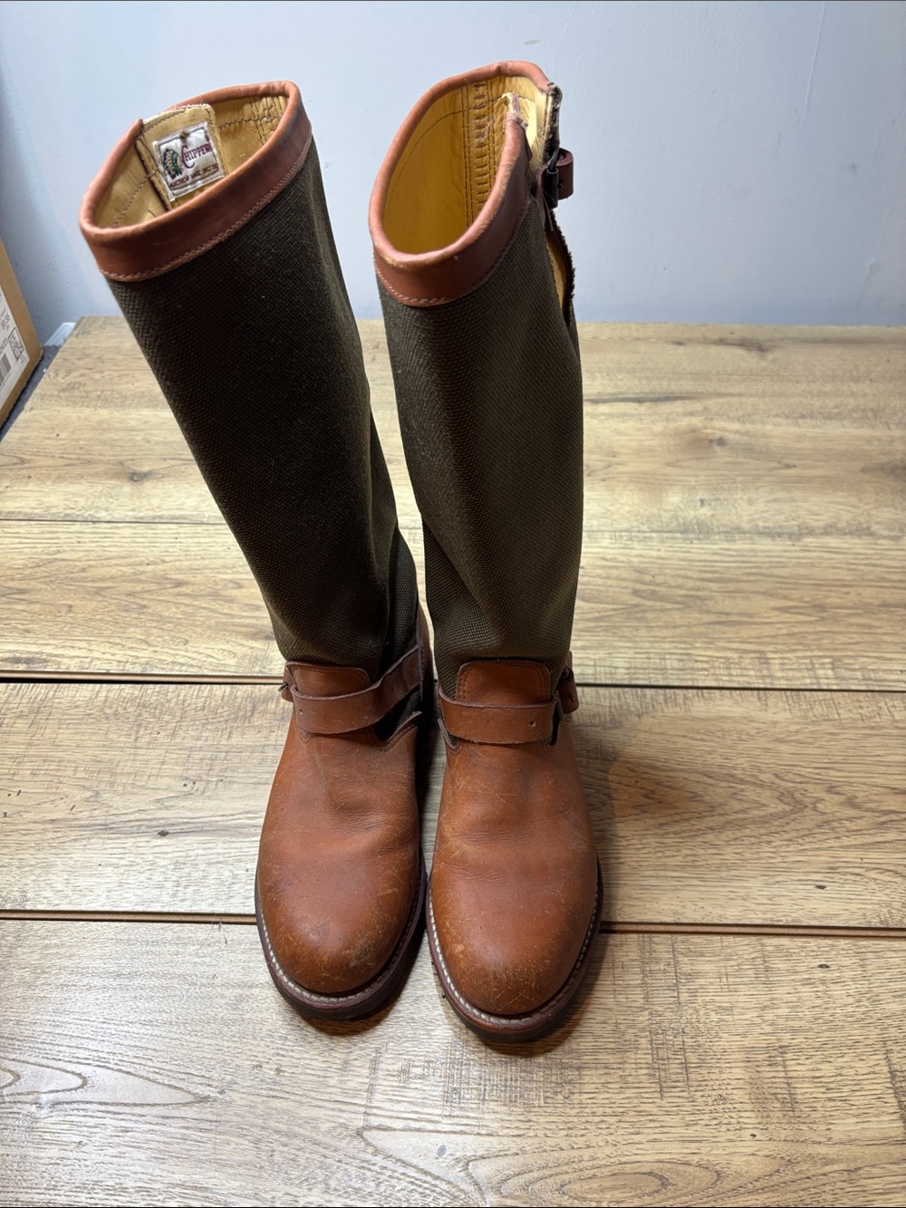 Women’s Chippewa Brown Leather & Olive Canvas Tall Snake Field Boots Size 9.5